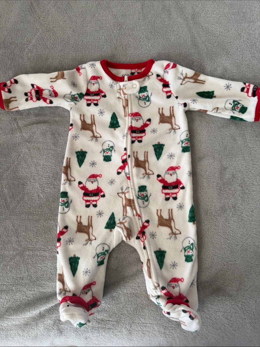 Christmas Santa & Reindeer Fleece One-Piece Footed Pajamas - White/Red
